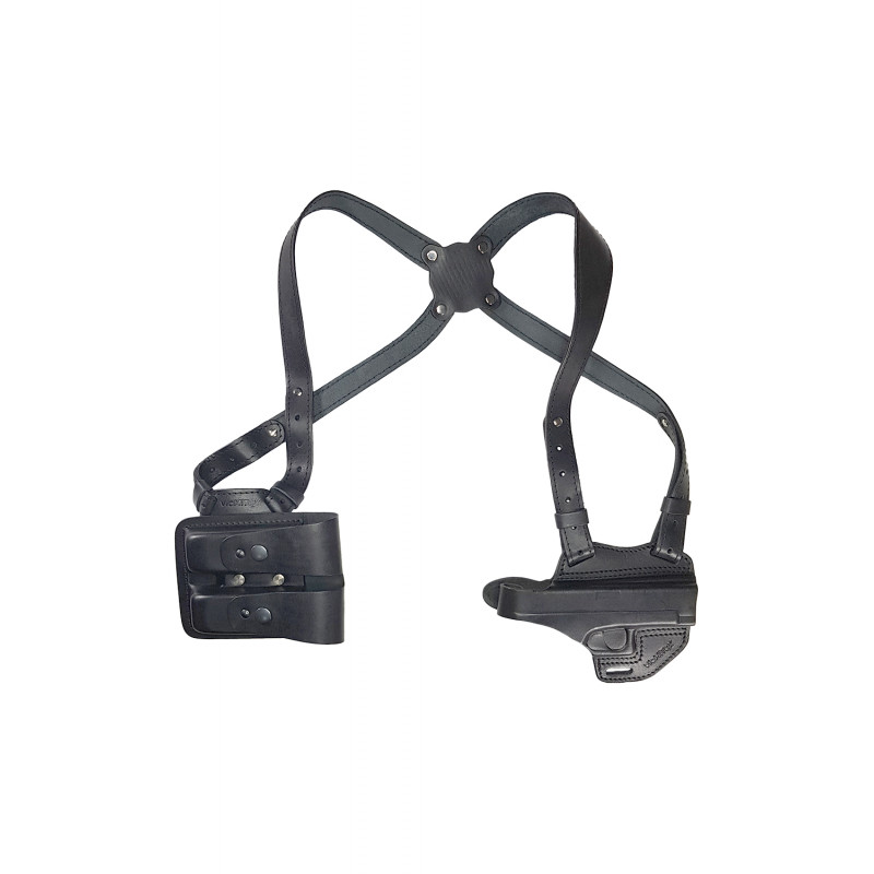 S1M2 Кожаная наплечная кобура для Glock 19 с двойным подсумком для магазинов S1M2 Кожаная наплечная кобура для Glock 19 с двойным подсумком для магазинов