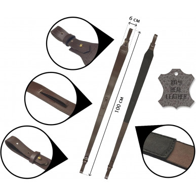 Vlamitex Leather Rifle Sling, Brown — Anti-Slip, Thumb Loop (6 cm/2.5 cm, 110 cm)